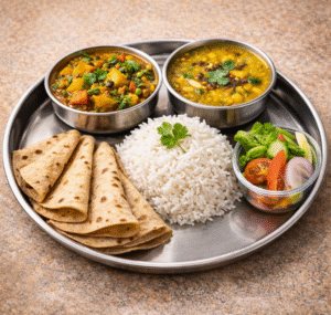 Simple thali ( dal+sadha sabhji +Rice + 4roti +salad) Lakshya restaurant Narora