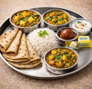 Special Thali ( Matar Paneer, Dal, Rice, Sadha sabji, 4roti  ,Rayta , Sweetdish, Amul butter, salad) Lakshya Restaurant Narora